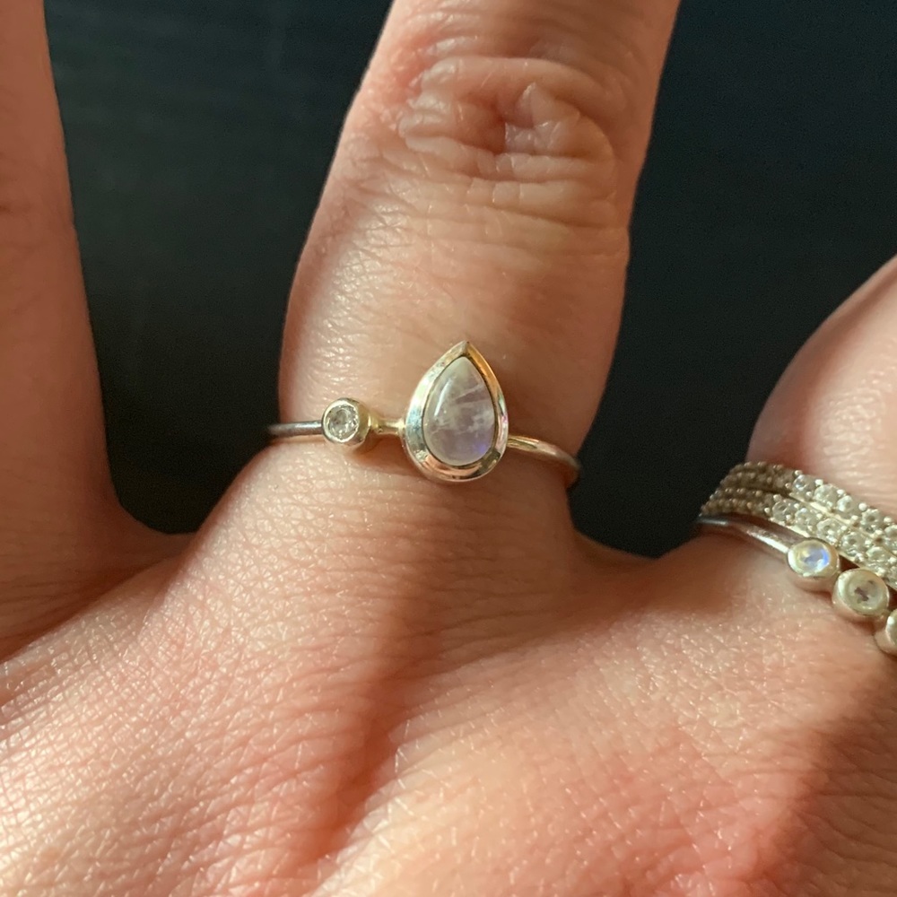 Rainbow moonstone and topaz dew drop ring size 7